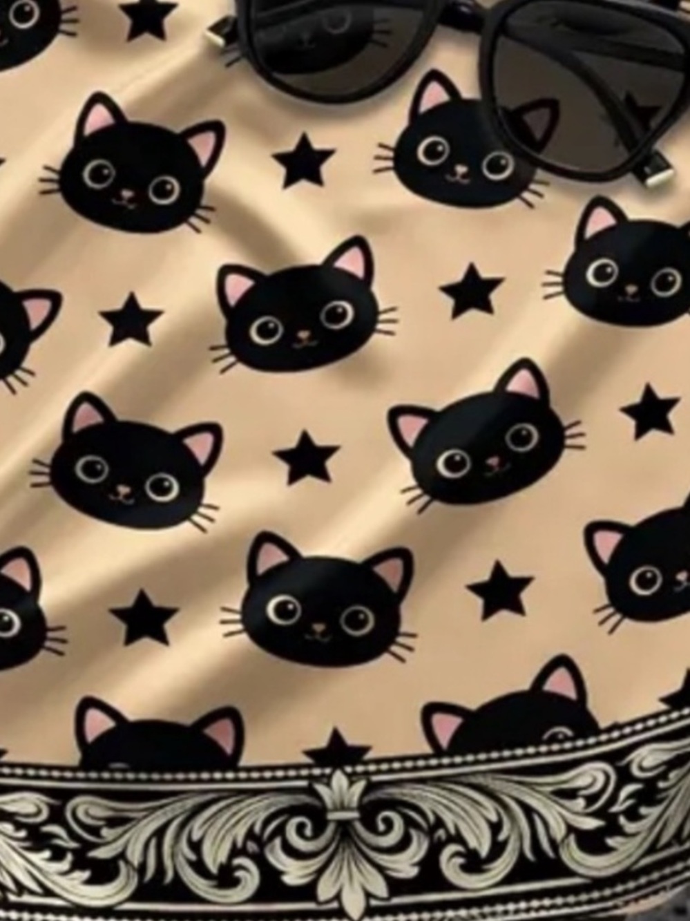 Cute Black Cat Pattern Silky Scarf - Beige